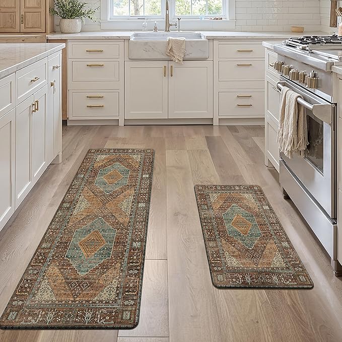 GENIMO Kitchen Mats for Floor 2PCs, Washable Anti Fatigue Mat for Cushioned, 17.3"x59"+17.3"x30", Waterproof Kitchen Rugs, Non Slip Comfort Standing Mat Rug for Home, Sink, Laundry, Brick