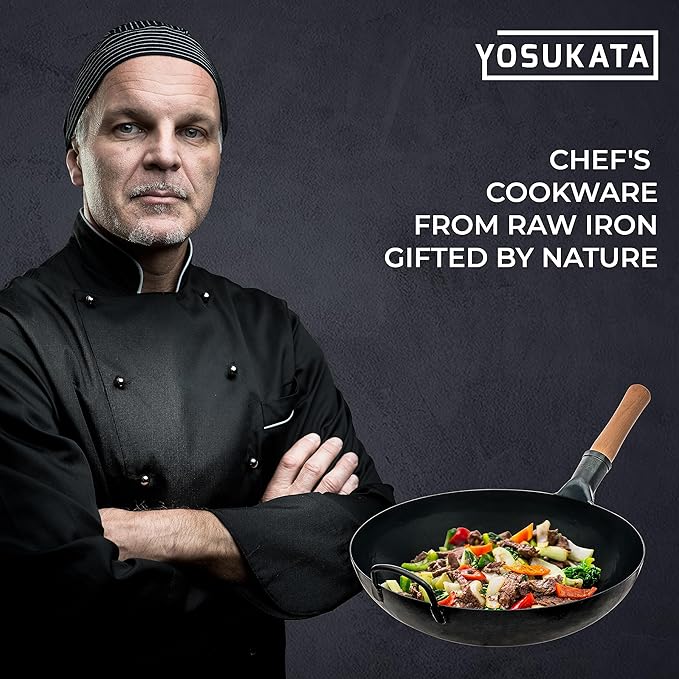 YOSUKATA 13.5” Blue Carbon Steel Wok Pan – Pre-Seasoned Flat Bottom Wok Compatible with open fire, gas, electric, ceramic, induction cooktops -Traditional Chinese Pan for Stir Fry, BBQ, Grill, Camping