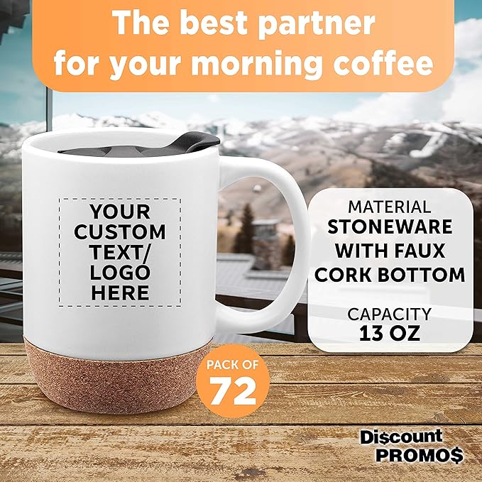Custom Barista Ceramic Mugs with Cork Bottom 13 oz. Set of 72, Personalized Bulk Pack - Perfect for Coffee, Tea, Espresso, Hot Cocoa, Other Beverages - White