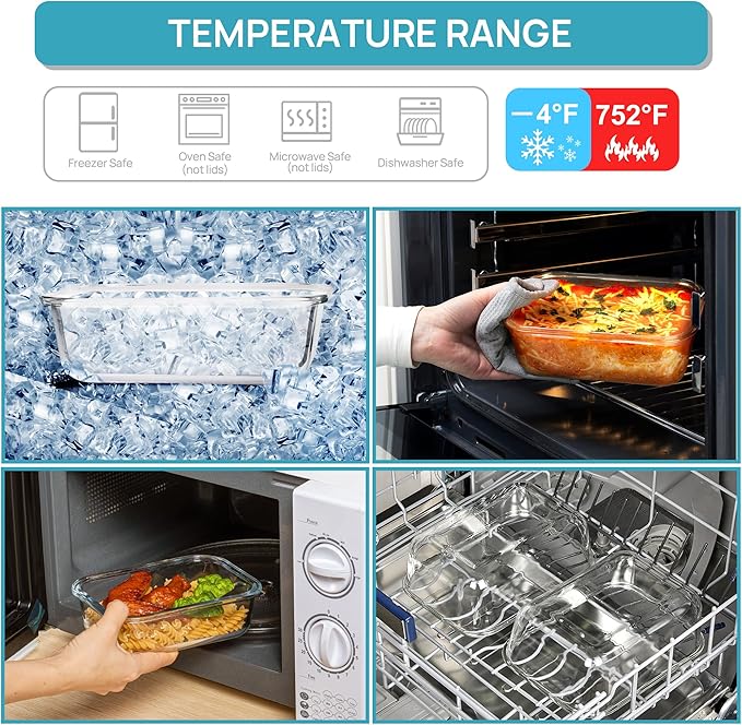 Vtopmart 2Pack 1860ml/ 63oz Large Glass Storage Containers with Lids, Meal Prep Food Container Set with Snap Airtight Lid for Baking, Microwave, Oven, Leak Proof, for Freezer, Dishwasher, Green