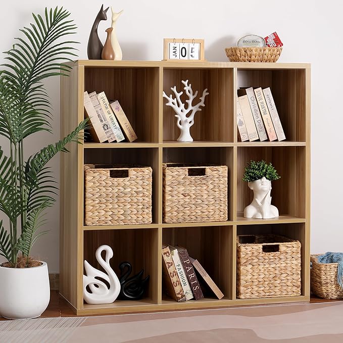 12x12x10 Water Hyacinth Storage Basket Large, Folding Cube Woven Wicker Storage Basket for Shelves, Pantry Baskets Organization and Storage, Kitchen Storage Baskets, Large Rattan Basket Set of 3