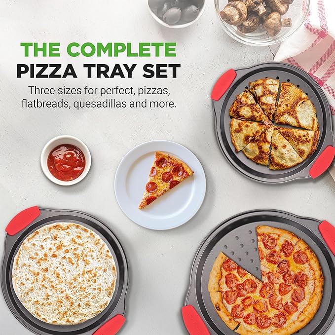 NutriChef 3-Piece Pizza Tray Set with Silicone Handles - Round Nonstick Pizza Pan with Perforated Holes, Durable Carbon Steel, Small, Medium, Large Sizes - Ideal for Crispy, Evenly Baked Pizzas (Gray)