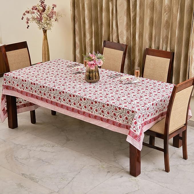 Ridhi -Sangria Red, Cotton Tablecloth, Handblock Print Floral Table Cloth for Kitchen Dining Linen I Thanksgiving, Christmas, Wedding, Fall Décor 16 Seater 72X190 Inches Rectangle