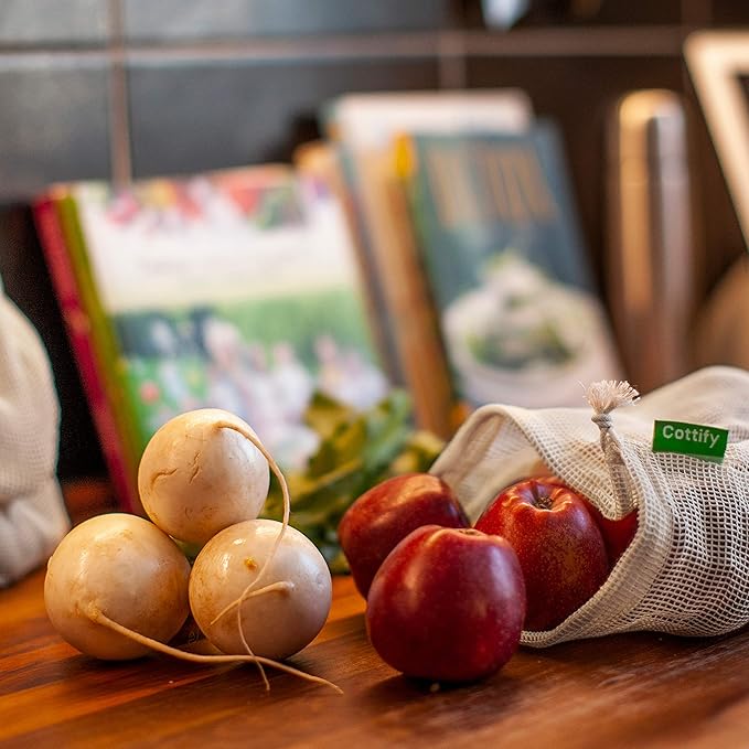 12+1 Reusable Produce Bags Grocery Washable, Organic Cotton Mesh Produce Bags, Double-Stitched & Tare Weigh, Mesh bags for vegetables, Cotton Produce Bags Reusable Washable, Produce bag 4xS, 4xM, 4xL