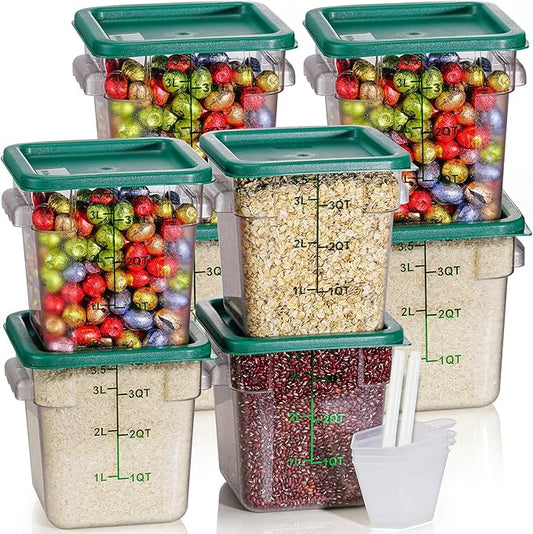 8QT NSF Food Storage Containers: 8 PCS [Food Grade][Hot&Cold Resistant] Commercial Clear Square Food Storage Containers with Scales Handles for Home Restaurant Kitchen Proof Dough(BPA FREE-GREEN)