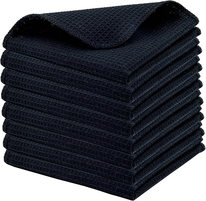 PurpleEssences Dish Cloths and Dish Rags - 8 Pack Waffle Weave Solid Kitchen Dish Wash Cloths, 100% Cotton, 12 x 12 Inches, Ultra Soft Absorbent Quick Drying - Christmas Holiday Winter - Black