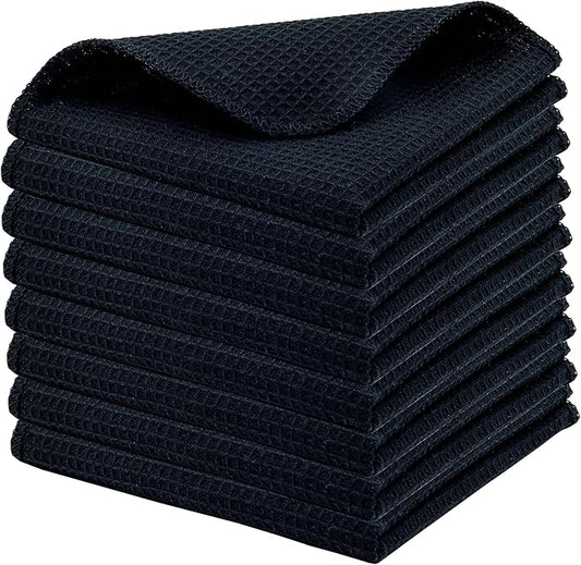 PurpleEssences Dish Cloths and Dish Rags - 8 Pack Waffle Weave Solid Kitchen Dish Wash Cloths, 100% Cotton, 12 x 12 Inches, Ultra Soft Absorbent Quick Drying - Christmas Holiday Winter - Black