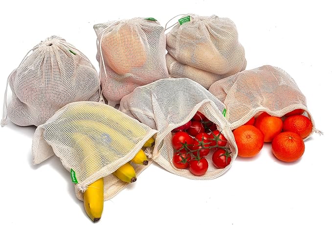 6 Reusable Produce Bags Grocery Washable | Organic Cotton Mesh Produce Bags | Double-Stitched & Tare Weigh | Mesh bags for vegetables | Cotton Produce Bags Reusable Washable | Produce bag (M size)