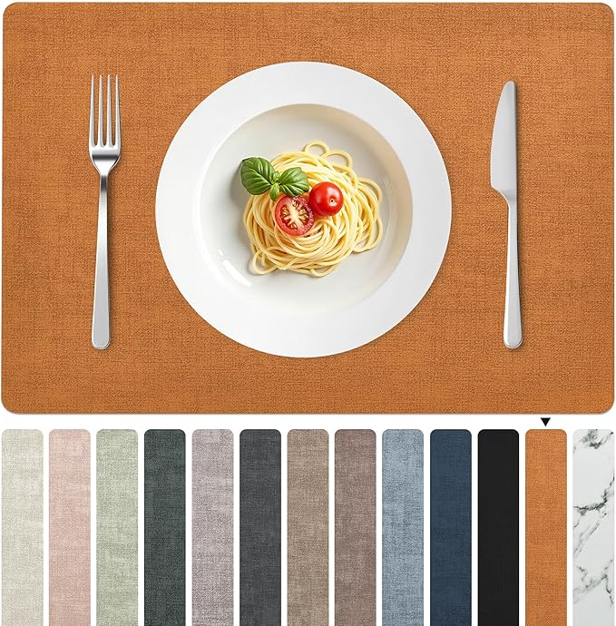 FROMHEART Faux Leather Placemats Set of 4–Waterproof,Heat/Oil Stain-Resistant PU Table Mat–Reversible,Non-Slip,Easy to Clean Place Mats for Kitchen,Dining,Indoor/Outdoor,(Orange-Grey,11.8" x 17")