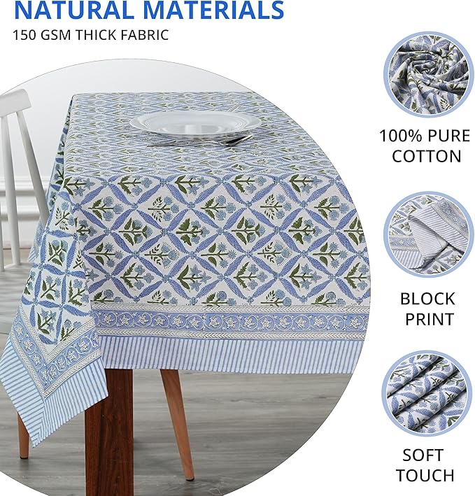 Ridhi Light Steel Blue Hand Block Print Cotton Rectangle Tablecloth 118 x 70 inches Reusable Table Cover Decorative Everyday Use for Dining Room, Farmhouse, Home, Party, Festive & Wedding, Fall