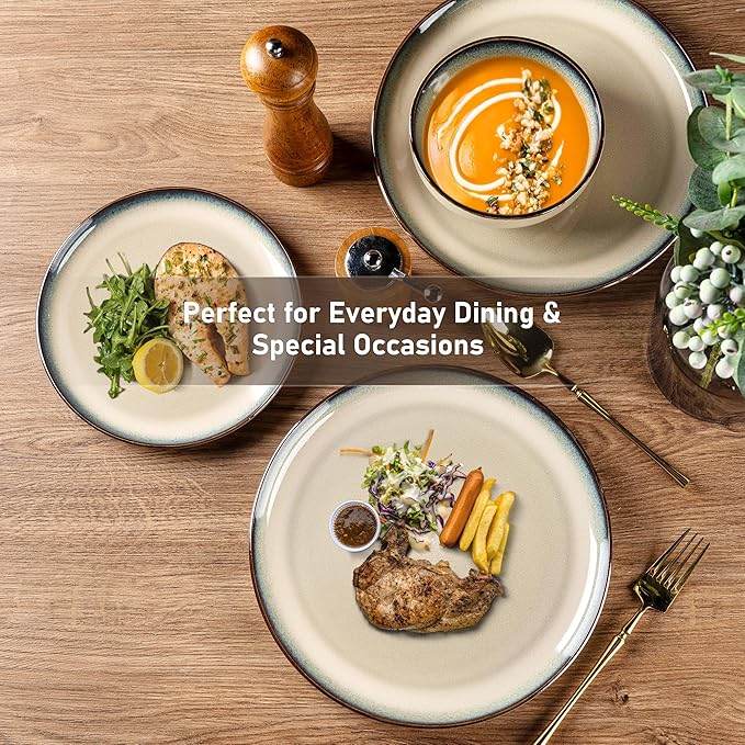 GBHOME Ceramic Dinnerware Sets for 8, 24 Pieces Stoneware Plates and Bowls Sets, Reactive Glaze Dishes -Scratch Resistant, Dishwasher&Microwave Safe, Pale Khaki