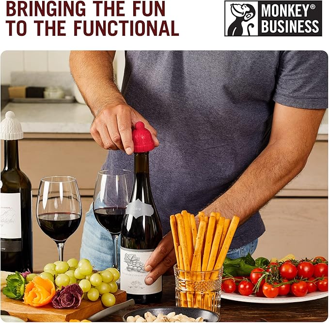 Monkey Business Beanie Wine Stopper, Pack of 3, Cute Wine Accessories, Fun Kitchen Gadgets, Wine Stoppers for Wine Bottles, Knit-Beanie-Shaped Wine Bottle Stopper w/a Pom-Pom