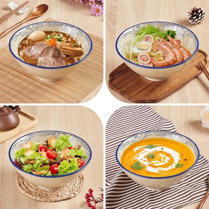 40 OZ ceramic ramen bowls, 8 IN large Japanese noodle soup bowl, match chopsticks and spoons, suitable for Pho, Udon Asian noodles (Japanese fish)