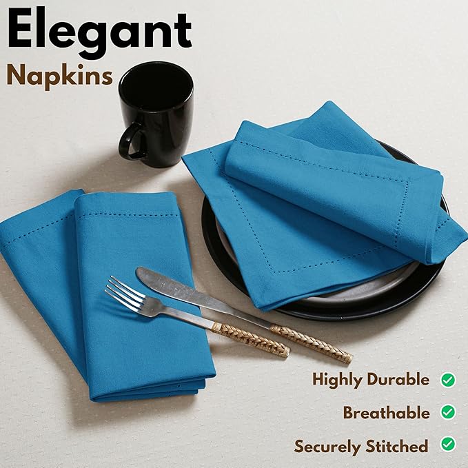 Native Fab Set of 4 Cotton Cloth Napkins, 18x18 inch, Hemstitch Mitered Corners, Soft, Absorbent, Durable Fabric, Reusable Linen Napkins for Wedding, Lunch, Dinner, and Everyday Use - Turquoise Blue