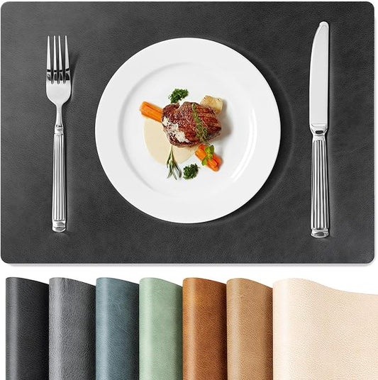 Roxifina Faux Leather Placemats Set of 6 - Vinyl Placemats Wipeable Waterproof Oil-Proof PU Place Mats Heat Resistant Reversible Table Mats for Dining, Kitchen, Outdoor, 12 x 17 Inch (Black)