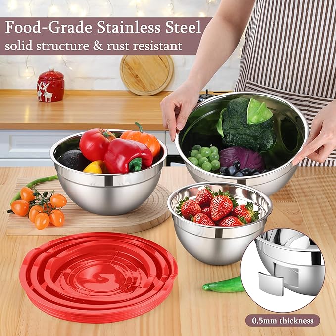 LIANYU Stainless Steel Mixing Bowls with Leak-Proof Lids, 3 Pieces Stainless Steel Deep Nesting Mixing Bowls for Kitchen Cooking, Storage, Baking, 1.5QT & 3QT & 4.6QT, Red