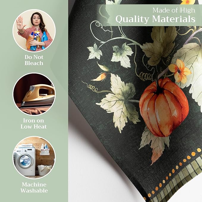 Maison d' Hermine Kitchen Towels Set of 3 100% Cotton 20" x 27.5" Reusable Cloth Tea Dish Towels Absorbent with Hanging Loop for Dining Thanksgiving Christmas Decorations (Pumpkin Garden - Dark Green)