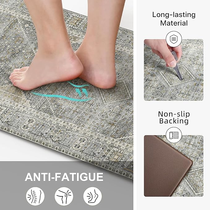 GENIMO Kitchen Mats for Floor 2PCs, Washable Anti Fatigue Mat for Cushioned, 17.3"x59"+17.3"x30", Waterproof Kitchen Rugs, Non Slip Comfort Standing Mat Rug for Home, Sink, Laundry, Lightgrey