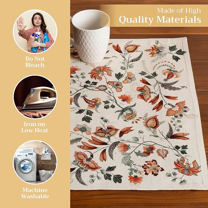 Maison d' Hermine Placemats Set of 4 100% Cotton Washable Cloth Place Mats, Reusable Table Mats for Thanksgiving Christmas Decorations Kitchen Dining Party Wedding Restaurant (Dalida, 13" x 19")