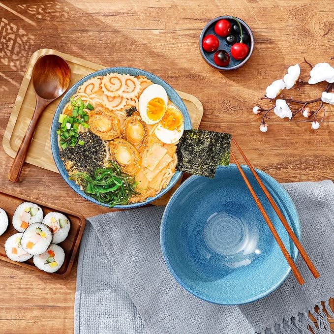 NUTRIUPS 8 Inch Ceramic Ramen Bowl Set of 2 Pho Bowls 40oz Japanese Noodle Udon Soup Bowls with Spoons and Chopsticks (Ice Crack Blue)