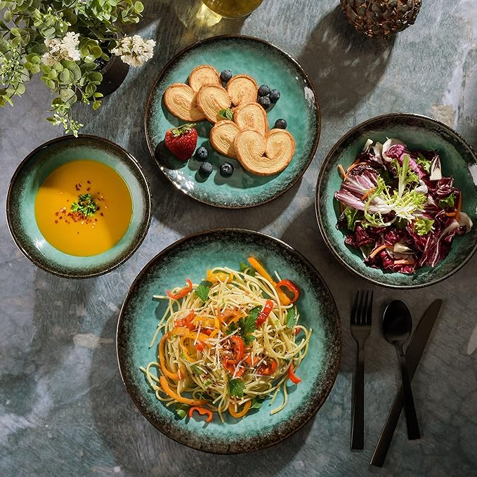 Gibson Elite Green Lantern Service for 4 (16 Piece) Double Bowl Dinnerware Set, Teal, Soft Gray, Dinnerware Set