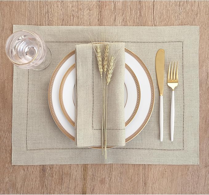 Solino Home Natural Linen Napkins Set of 6-100% Pure Linen Hemstitch Dinner Napkins 20 x 20 Inch for Fall, Autumn, Thanksgiving, Christmas, Holiday - Classic Hemstitch