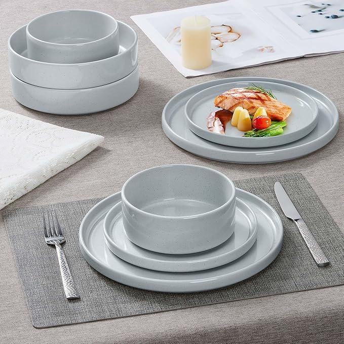 Herogo Stoneware Dinnerware Set with Salad Bowls, 24 Piece Kitchen Dinner Dish Set for 6, Plates and Cereal Pasta Bowls, Chip & Scratch Resistant Dishware, Speckled Light Gray