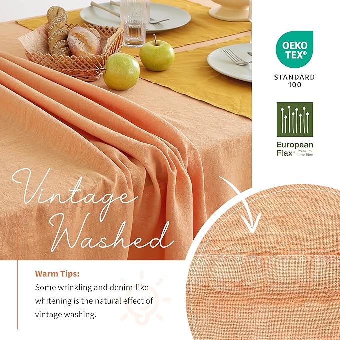 Linen World Vintage Tablecloths 60x108 Inch,100% French Linen Tablecloth,Classic Vintage Washed Table Cloths for Kitchen,Outdoor,Weddings,Decorative Valentine Easter,Pale Peach
