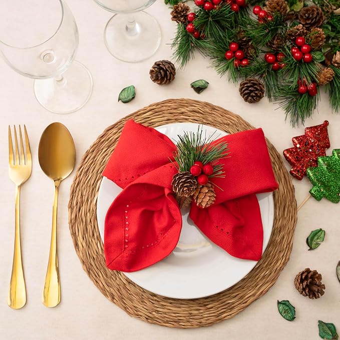 Blue Needles Set of 12 Hemstitch Linen Napkins 100% Cotton Red Cloth Dinner Napkins 18x18 inches, Soft, Reusable, Absorbent, Washable, Ideal for Fall Thanksgiving Events, Parties & Everyday Use