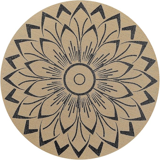 SHACOS 15 inch Round Vinly Placemats Set of 6 Boho Flower Print Place Mats Wipeable Non Slip Stain Heat Resistant Woven Table Mats Indoor Outdoor (6, Round Flower Black)