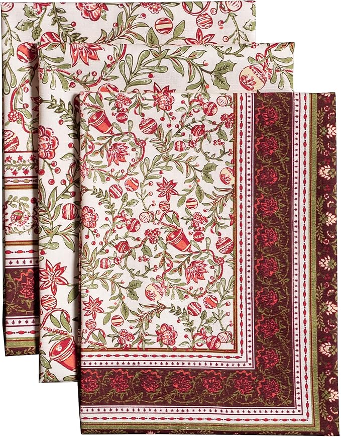 Maison d' Hermine Kitchen Towels Set of 3 100% Cotton 20" x 27.5" Reusable Cloth Tea Dish Towels Absorbent with Hanging Loop for Kitchen Dining Thanksgiving Christmas Decorations (Reveillon Au Jardin)