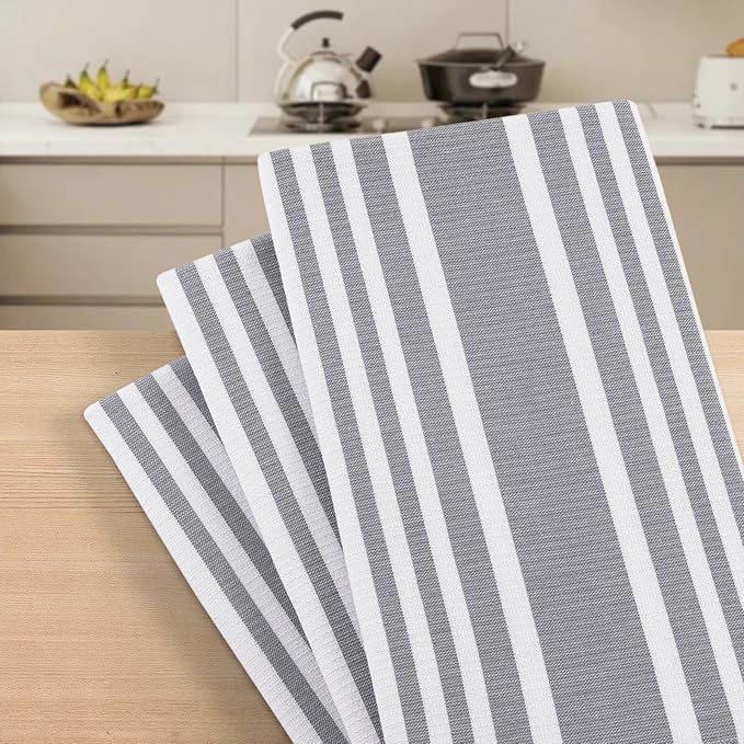 Homaxy Premium Kitchen Towels 18”x 28”, Large Cotton 380 GSM Kitchen Hand Towels, Stripe and Terry Dish Towel, Highly Absorbent Tea Towel Set with Hanging Loop, 6 Pack, Grey