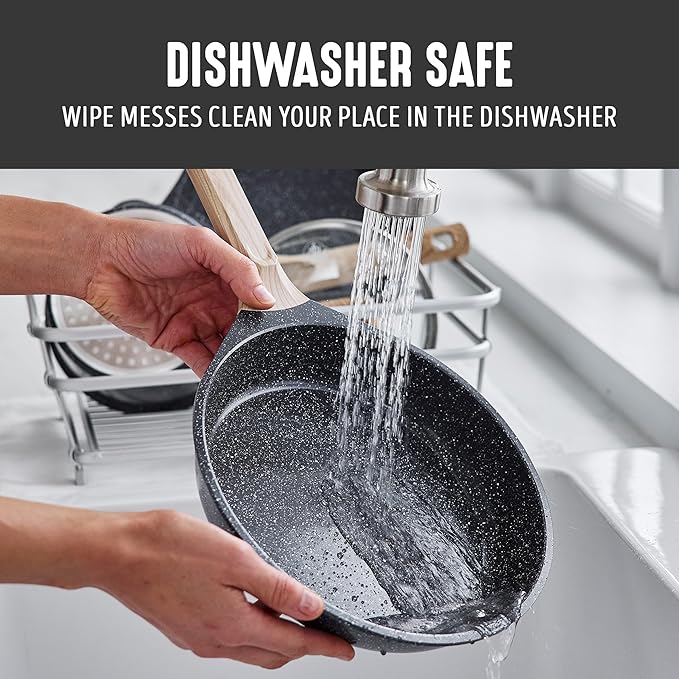 GreenLife Nonstick 2 Piece Frying Pan Set, 9.5" & 11" Skillets Ceramic PFAS-Free Nontoxic, Induction Suitable, Wood Print Handles, Stay-Cool Handles, Deep Cooking Skillets, Egg Pan, Granite Black