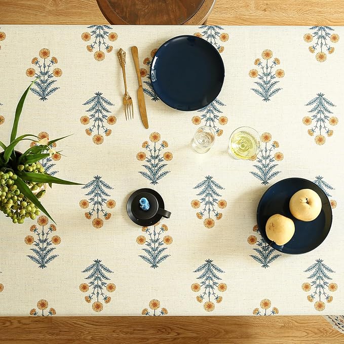French Tablecloth for Rectangle Tables,Linen Table Cloth with Yellow Flowers and Leavs Pattern,Heavy Durable Table Cover for Dining Thanksgiving Kitchen Decor Party Christmas,63"*102"