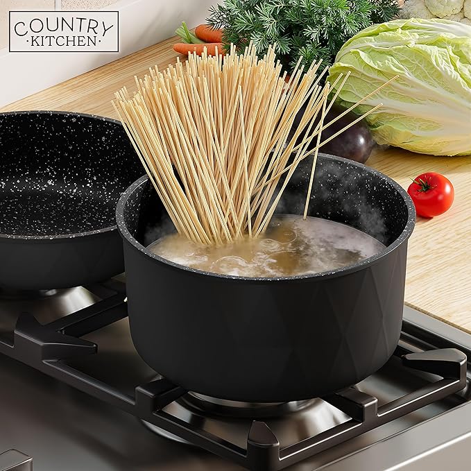 Country Kitchen Cookware Set with Removable Handle, Oven & RV Safe Pots and Pans Set, Black Diamond, Original