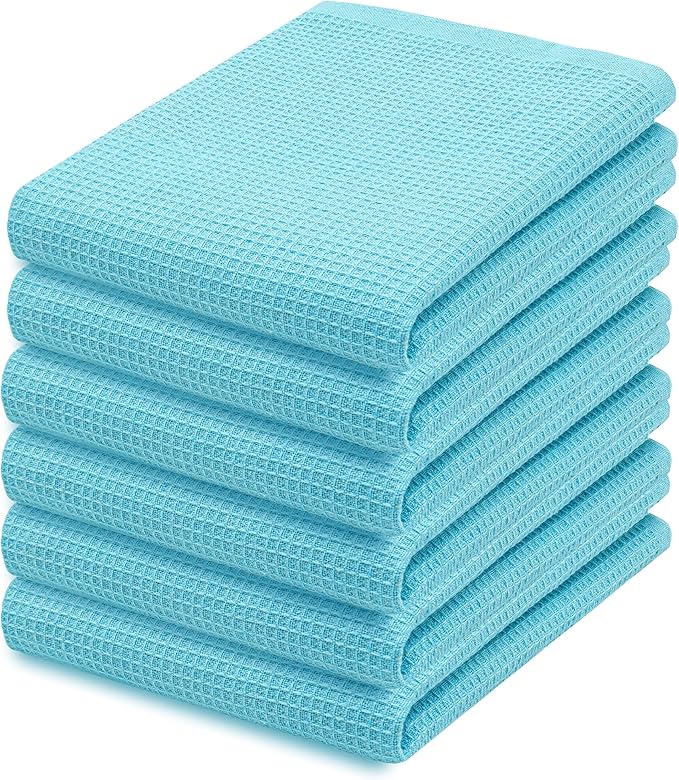 PurpleEssences Waffle Weave Kitchen Towel, 100% Cotton 15x25 Inches, with Hanging Loop Soft Absorbent Quick Drying Dish Cloth, Tea and Hand Towels, 6 Pack - Christmas Holiday Winter - Aqua Blue