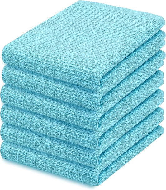 PurpleEssences Waffle Weave Kitchen Towel, 100% Cotton 15x25 Inches, with Hanging Loop Soft Absorbent Quick Drying Dish Cloth, Tea and Hand Towels, 6 Pack - Christmas Holiday Winter - Aqua Blue