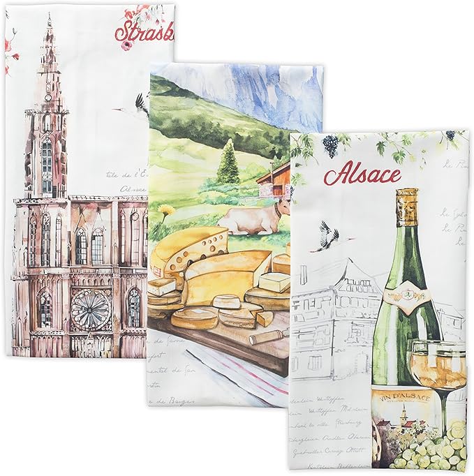 Maison d' Hermine Kitchen Towels Set of 3 100% Cotton 27.50" x 20" Reusable Cloth Tea Dish Towels Absorbent with Hanging Loop for Kitchen, Home, Dining, Cocktail Parties Spring/Summer (Ribeauville)