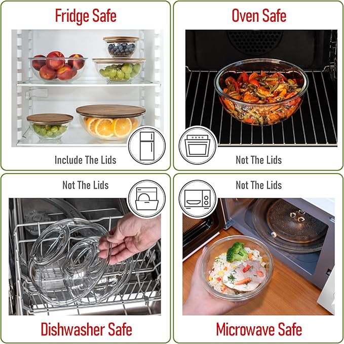 Stackable Space-Saving Set of 5 Nesting Glass Bowls with Acacia Lids for Foodprep, Storage, Mixing & Cooking - Microwave & Oven-ready BPA Free Durable Heat Resistant Inert Borosilicate Glass