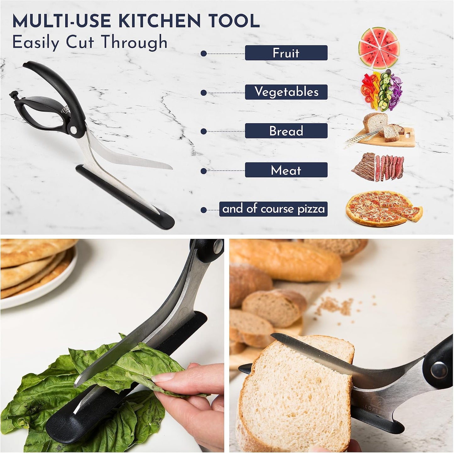 Loftern Pizza Scissors - Non-Stick Pizza Scissors with Firm Grip Base - Food Grade Stainless Steel Pizza Cutter - 5-in-1 Food Slicer & Pizza Server - Durable, Safe & Mess Free