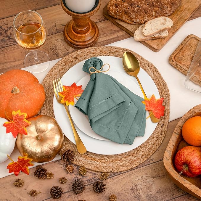 Blue Needles Set of 6 Hemstitch Linen Napkins 100% Cotton Hunter Green Cloth Dinner Napkins 18x18 inches, Soft, Reusable, Absorbent, Washable, Ideal for Fall Thanksgiving Events Parties & Everyday Use