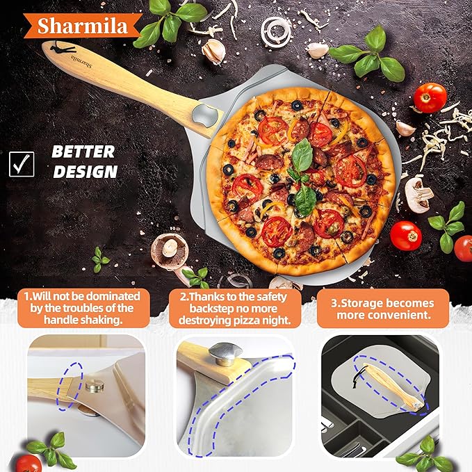 Sharmila Pizza Peel 12 Inch, Aluminum Pizza Paddle with Foldable Wooden Handle,Pizza Rocker Cutter,and Metal Pizza Spatula-Ideal for Family Pizza Oven Baking,Dough,Bread & Pastry