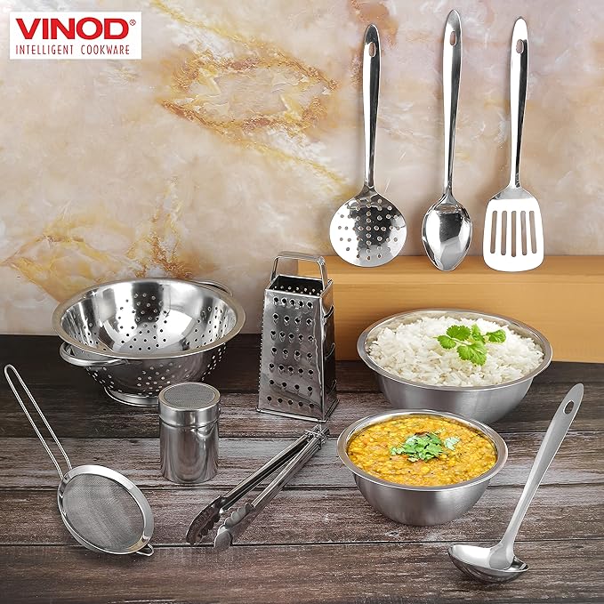 Vinod Stainless Steel Cookware Set 11-Piece, Kitchen Starter Set Includes Mixing Bowls Set, Stainless Steel Colander| Kitchen Food Strainer, 4-Side Grater, Serving Spoons, Ladle & Utility Tongs