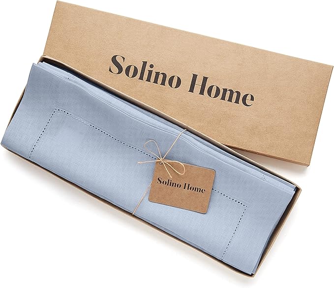 Solino Home Linen Placemats Set of 4 - Classic Hemstitch Sky Blue Placemats 14 x 19 Inch - 100% Pure Linen Table Mats for Christmas, Holiday