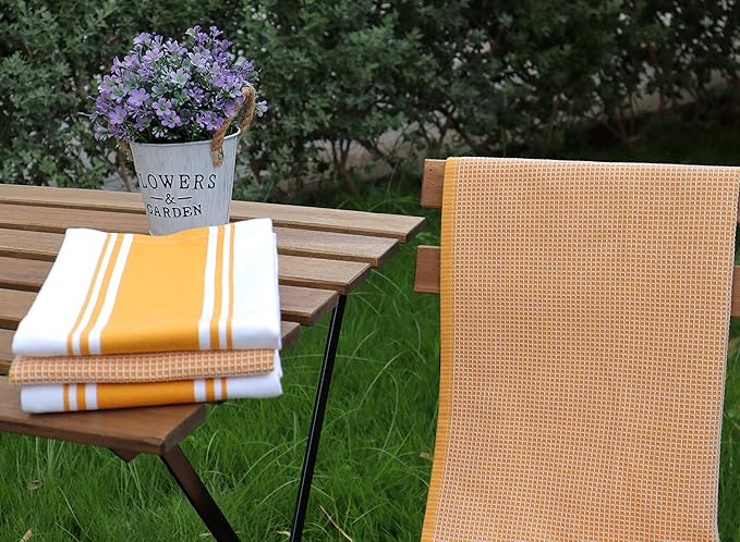 AMOUR INFINI Cotton Kitchen Towels - Set of 4 Highly Absorbent, Ultra Soft Waffle Weave Tea Towel with Hanging Loop - 20x28 Inch Quick Drying Dish Cloths for Cleaning (Yellow)