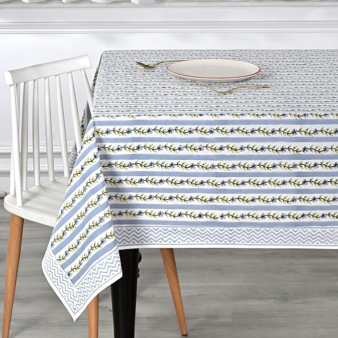 Ridhi Dolphin Grey Hand Block Print Cotton Rectangle Tablecloth 102 x 48 inch-Reusable Table Cover Decorative Everyday Use for Dining Room, Farmhouse, Thanksgiving, Christmas Wedding, Fall