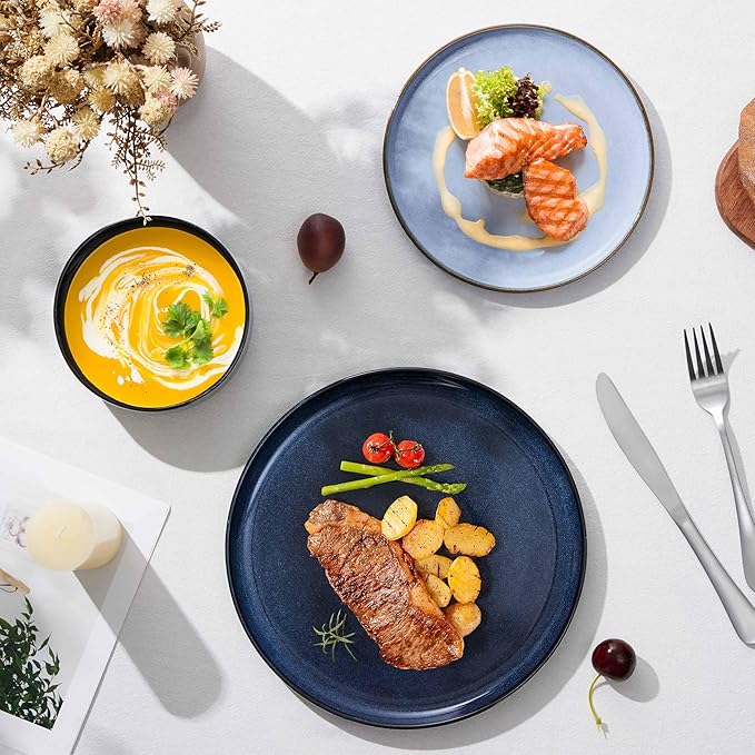Herogo Stoneware Plates and Bowls Sets for 4, 12 Pieces Modern Dinnerware, Reactive Glaze Dishes Set for Kitchen, Chip Resistant, Microwave & Dishwasher Safe, Starry Blue & Haze Blue