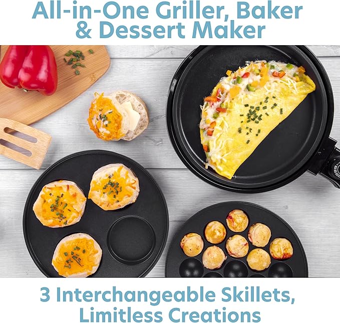 Multi Baker Deluxe- Baking Made Easy- Electric Appliance w Temp Control 3 Interchangeable Skillets for Grilling, Baking, Dessert Making- Grilled Cheese Omelets Pizza Sandwiches Cake Pops, Gift for Mom