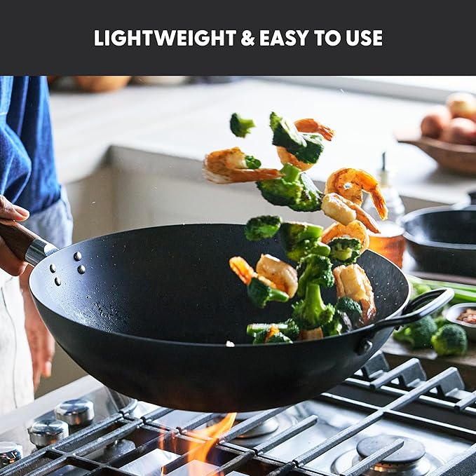 GreenPan Carbon Steel Wok 14”, Flat Bottom, Durable Stir-Fry Pan, Pre-Seasoned Ready to Use, High Heat Retention, Induction, Ash Wood Handle, Kyoto, Black