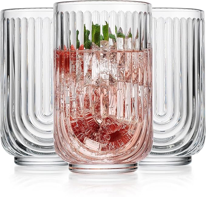Glaver's Drinking Glasses Set of 8. 17oz Vintage Drinking Cups. Ripple Cocktail Glasses, Ribbed Drinking Highball Glass Cups. Arch Designed Art Deco Glassware for Water Juice Coffee. Package may Vary